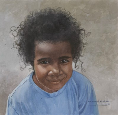 A young person with curly hair peers up at the viewer